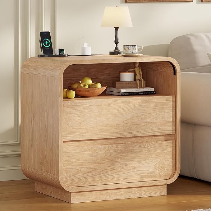 HAUOMS 25" Tall Modern Nightstand with Charging Station, 23.6" Wide Wood Bedside Table w/2 Storage Drawers, Curved Profile Design, Large Mid Century End Table for Bedroom, Living Room, Natural Oak