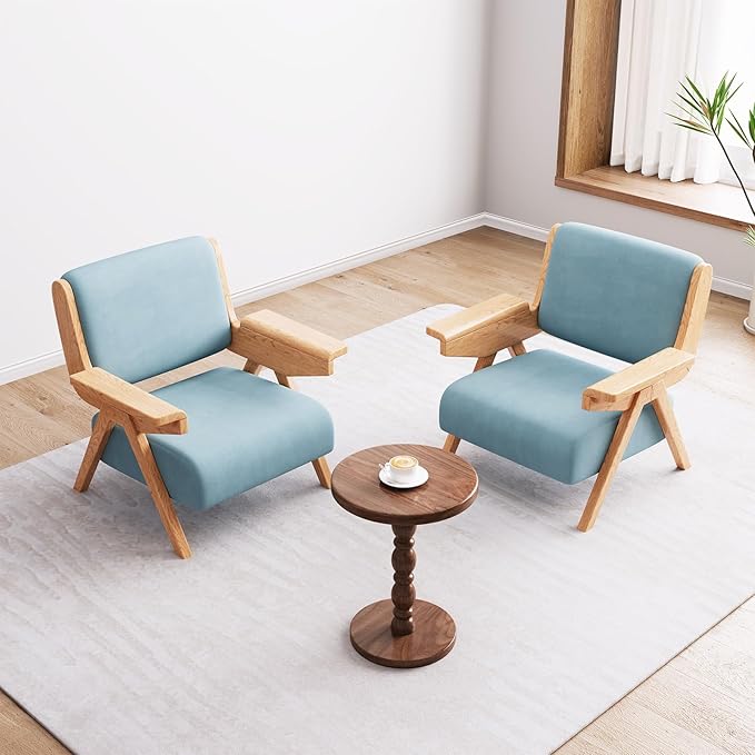 Accent Chair Mid Century Modern Chair, Velvet Upholstered Lounge Arm Chair with Solid Wood, Cozy Reading Chair for Living Room, Bedroom, Balcony (Blue, Single Chair)