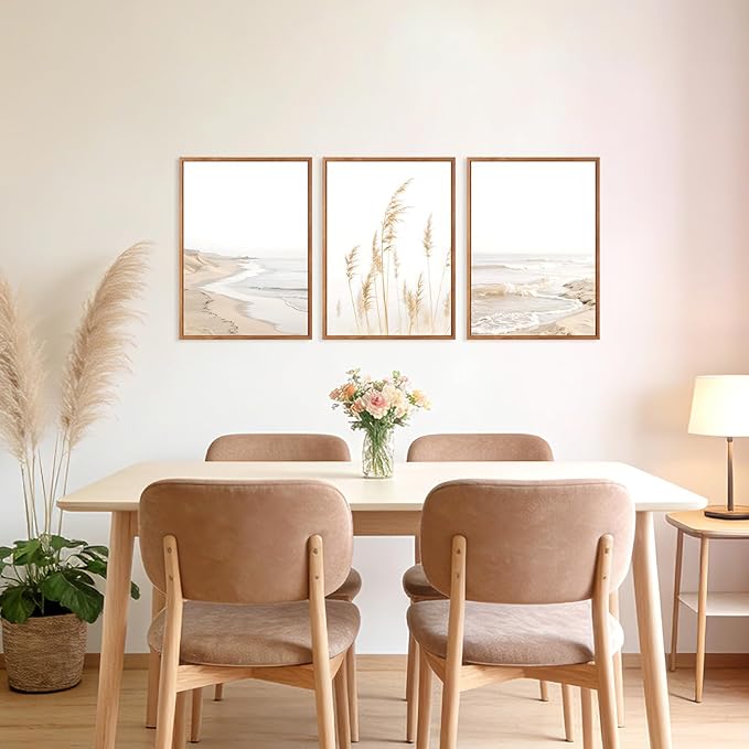HPNIUB Modern Beach Artwork Seascape Wall Art, Seaside Framed Painting Reed Pathway Picture, Minimalist Neutral Coastal Landscape Wall Decor for Living Room,Bathroom(Set of 3,12X16 Inch)