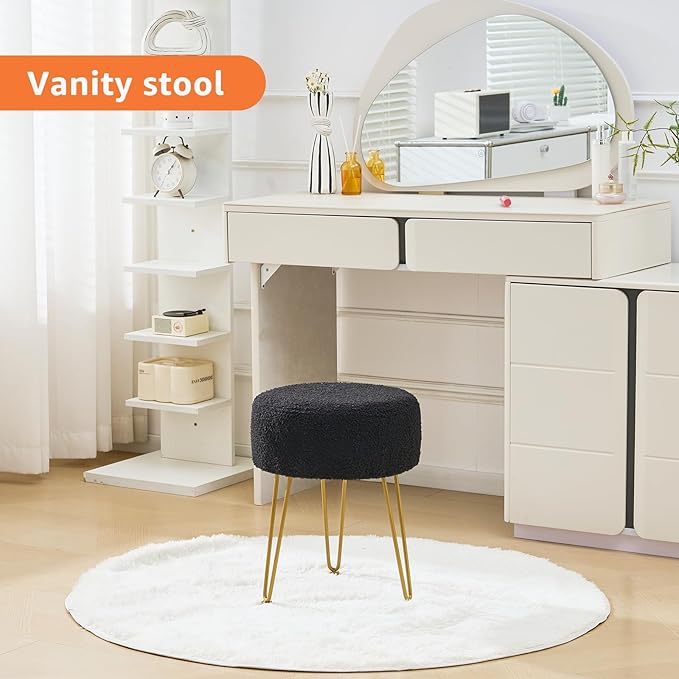 Vanity Stool, Teddy Velvet Ottoman Foot Stool, Dressing Table Seat with Metal Leg Vanity Chair for Bedroom, Living Room, Entryway, Offices