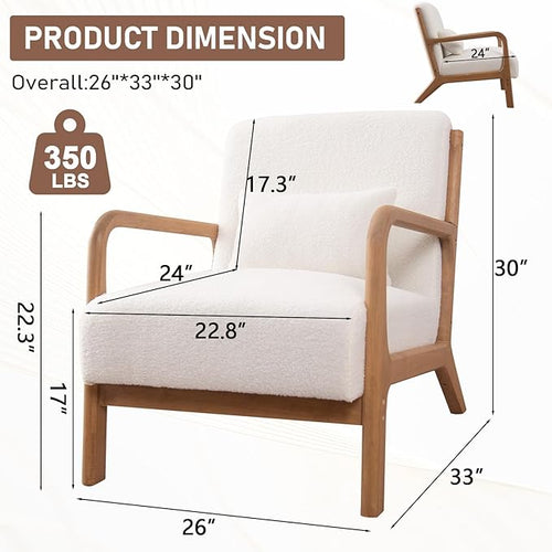ANJ Mid Century Modern Accent Chair Set of 2, Single Boucle Lounge Reading Armchair with Solid Wood Frame, Easy Assembly Arm Chairs for Living Room, White
