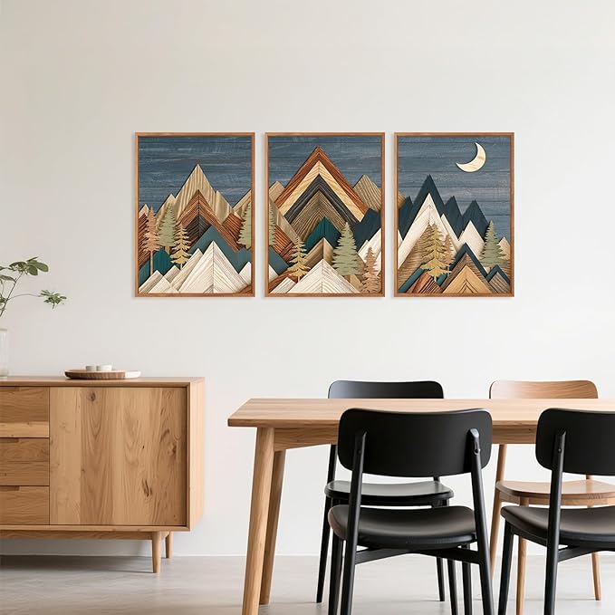 HPINUB Mountain Woodcut Style Framed Canvas Wall Art, (Set of 3,12X16 Inch) Vintage Pine Tree Wall Decor, Nature Country Wilderness Forest Artwork,Modern Navy blue Art Prints for Living Room,Bedroom