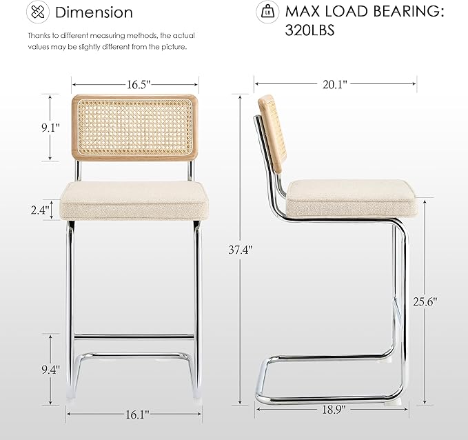 Zesthouse Natural Rattan Counter Stools Set of 4, 26" Modern Counter Height Barstools, Thick Linen Bar Stools with Solid Wood Back, Mid Century Cantilever Bar Chairs for Kitchen Island Beige Yellowish