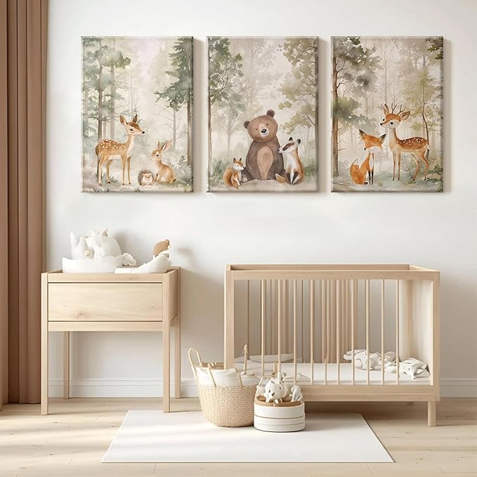 Woodland Nursery Wall Art Decor Animal Forest Canvas Prints Baby Boy Room Wall Decor Bear Nursery Nature Pictures Deer Prints Artwork for Boy Girl Kids Bedroom 16x24 Inch Wrapped Canvas Set of 3