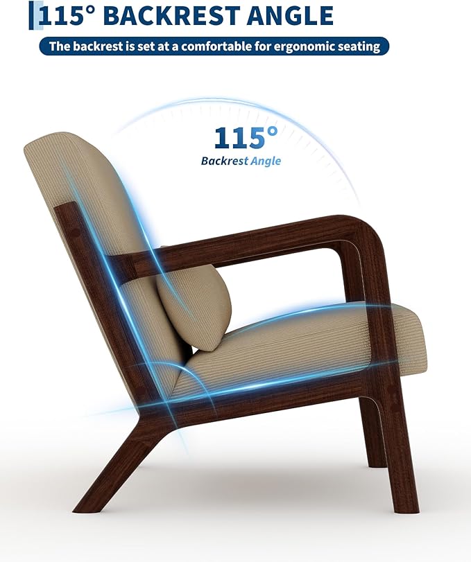 Garvee Mid-Century Modern Accent Chair, Fine Wale Corduroy Upholstery, Solid Wood Armchair with Removable Lumbar Pillow, Sturdy Reading Chair for Living Room, Bedroom, Guest Room, Easy Assembly, Brown