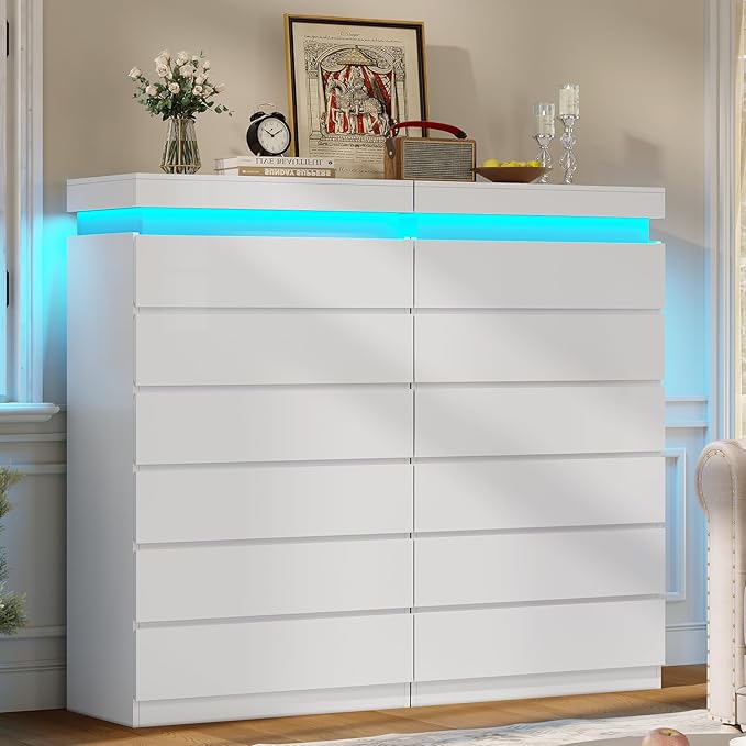 HAUOMS Tall 6 Drawer Dresser with LED Light, White Modern Chest of Drawers for Bedroom,Closet Dressers with Drawers for Living Room, Entryway, Hallway