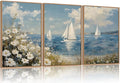 FWIEXA Beach Coastal Wildflower Canvas Wall Art Framed, Ocean Sailboats Pictures Wall Decor, Flower Seascape Painting, 3 Pieces 16x24In Nautical Blue Sky Artwork for Living Room, Bedroom, Bathroom, Rustic Farmhouse