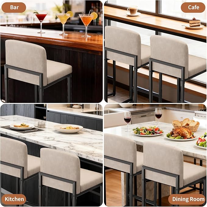GarveeHome Bar Stools Set of 6, Modern Counter Height Bar Stools with Back and Footrest, Faux Leather Upholstered Barstools Chairs for Kitchen Island Dining Room Bar, Beige