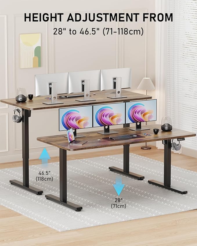 63" Electric Standing Desk Adjustable Height, Sit Stand up Desk for Home Office & Computer Workstation, 2 Memory Height Settings, Splice Board, 2 Hooks, Black Frame/Rustic Brown Top