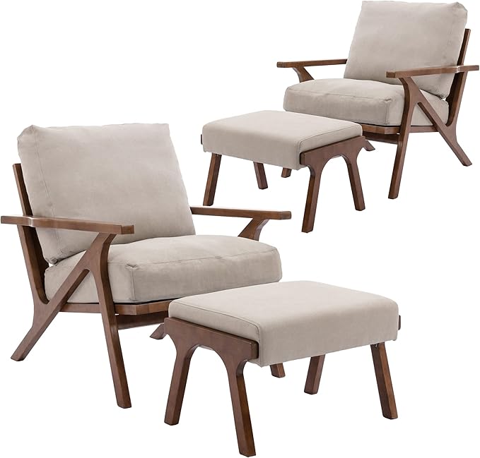 chairus Mid-Century Modern Accent Chairs with Ottomans Set of 2, Comfy Upholstered Lounge Armchairs with Solid Wood Frame, Reading Chairs for Living Room Bedroom Office, Beige Denim Fabric