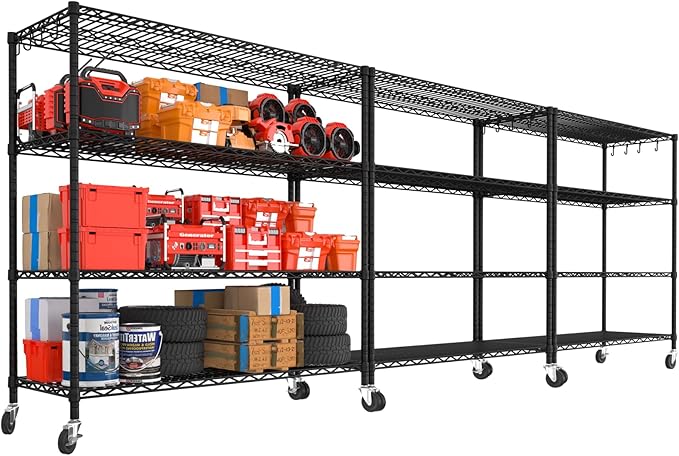PrimeZone 3 Packs 55.5" W x 24" D x 80" H Heavy Duty Wire Storage Shelves with Wheels, 4 Tier Adjustable NSF Commercial Garage Shelving Unit, Rolling Metal Organizer Shelf Rack for Warehouse, Pantry