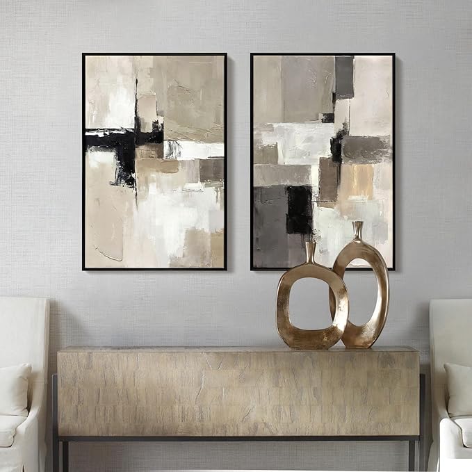 Set of 2 Modern Neutral Abstract Wall Art – Framed Beige, Gray, and Black Canvas Paintings for Living Room, Bedroom, or Office Décor – 16x24 Inches Each