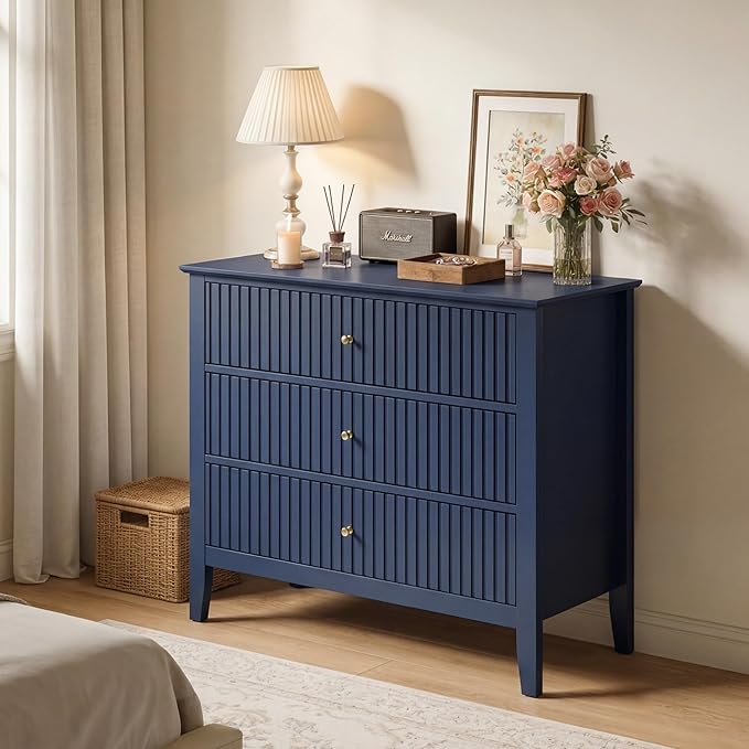 RoyalCraft 32" Large Nightstand Set of 2, Fluted Painted Wood Dresser with 3 Spacious Drawers, Blue Modern Bedside Table for Bedroom