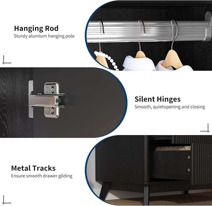 Garvee 71" Armoire Wardrobe Closet, Modern Wooden Bedroom Armoire with 2 Drawers & 2 Doors and Adjustable Shelves，Clothing Storage Cabinet with Aluminum Hanging Rod, Locker