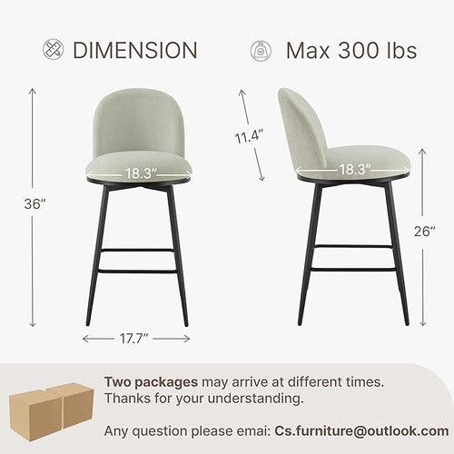 26" Counter Height Swivel Bar Stools Set of 4, Upholstered Linen Fabric Barstools with Backs and Metal Legs for Kitchen Island,Grey