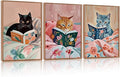 HPNIUB Framed Vintage Black Cats Canvas Wall Art, Funny Animal Reading Books Poster Printing Pictures, Pink Cute Cat Lovers Wall Decor for Girls Room Bedroom Living Room(Set of 3,12X16 Inch)