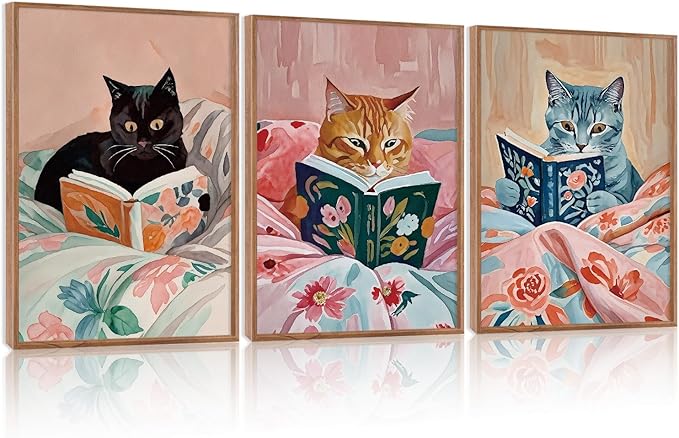 HPNIUB Framed Vintage Black Cats Canvas Wall Art, Funny Animal Reading Books Poster Printing Pictures, Pink Cute Cat Lovers Wall Decor for Girls Room Bedroom Living Room(Set of 3,12X16 Inch)