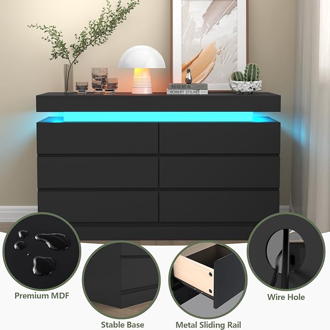 Gyfimoie 6 Drawer Dresser with Power Outlet, Dresser with LED Light, Modern Chest of Drawers for Closet, Double Wide Drawer Organizer Cabinet for Bedroom, Living Room (Black, 6 Drawers)