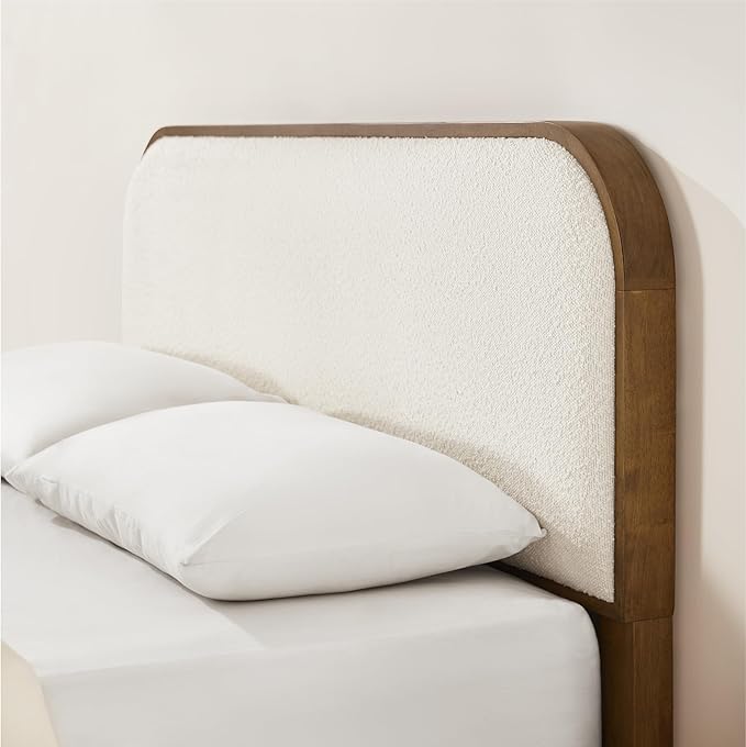 KISLOT Wood Bed Frame with Upholstered Headboard, Mid-Century Boucle Fabric Platform Modern Bed Mattress Foundation Noise-Free No Box Spring Needed Easy Assembly