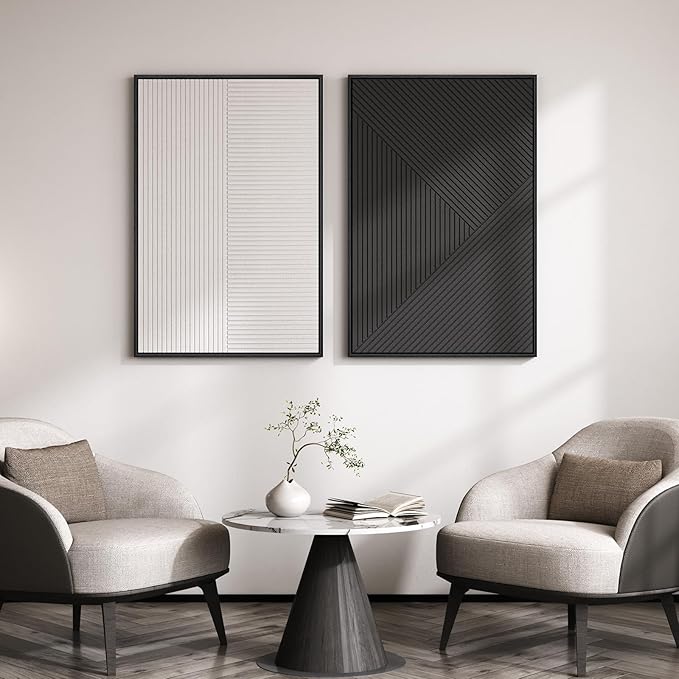 Large 3D Textured Framed Black and White Abstract Wall Art, 2 Piece Modern Minimalist Artwork for Walls, Black White Geometric Line Pictures for Living Room Bedroom Hallway Office Wall Decor 24x36 In