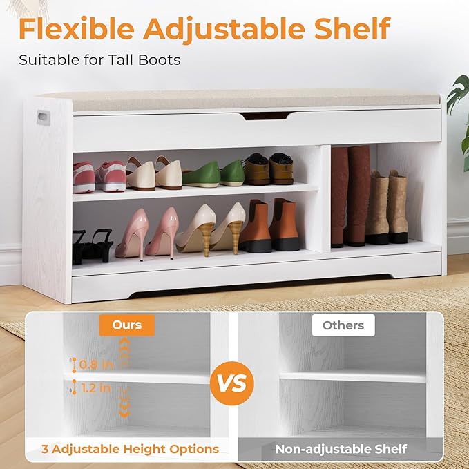 Farmhouse Shoe Storage Bench with Cushion Seat, 3-Tier Entryway Bench with Lift Top Storage and Adjustable Shelf, Bench for Hallway, Bedroom, White