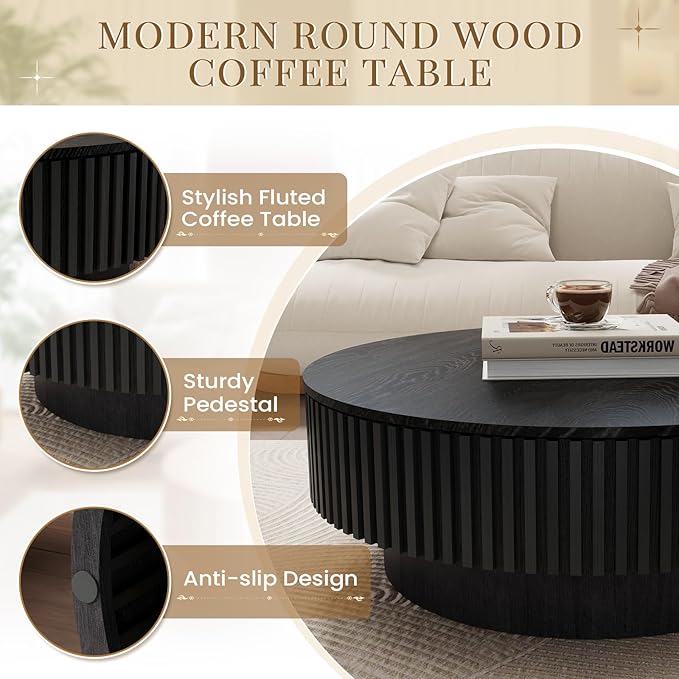 39.37'' Round Coffee Table with Storage, Modern Fluted Circle Coffee Table Unique Drum Low Center Tea Table with Solid Wood Veneered for Living Room Small Space, Mesas De Centro para Sala, Black