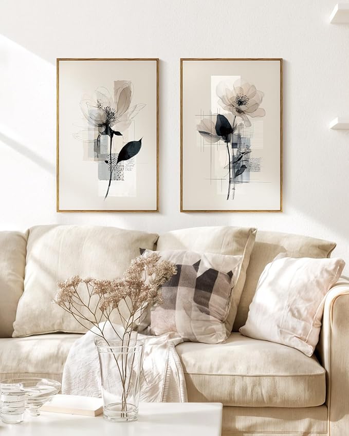 HUARCEY Large Modern Abstract Flower Wall Art Framed Canvas Set of 2, 16"x24" Minimalist Floral Paintings Artwork 2 Piece, Contemporary Neutral Tones Bedroom Living Room Kitchen Home Decor