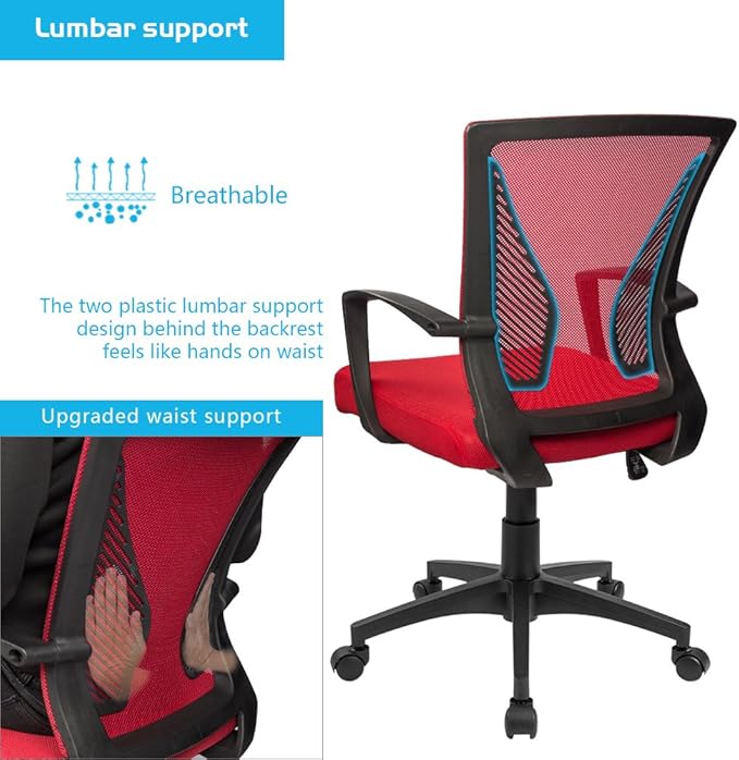 Furmax Office Chair Ergonomic Computer Desk Mesh Chair Mid Back Swivel Lumbar Support with Armrest (1, Red)