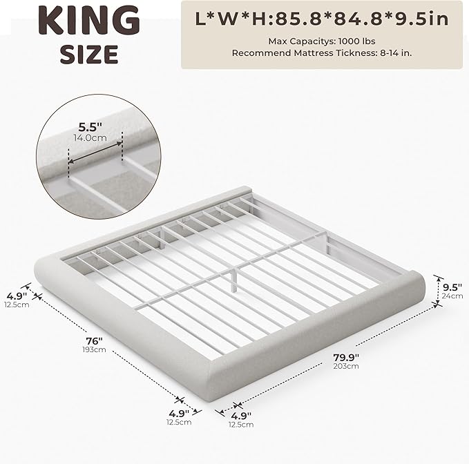 RECCI AirFrame Half-Moon Upholstered King Platform Bed Frame, Boucle Curved Arched Base, 5 Inch Fully Round Cushioned Foam, No Box Spring Needed, Easy Assembly | Round Shaped, Boucle, Low-profile, Soft