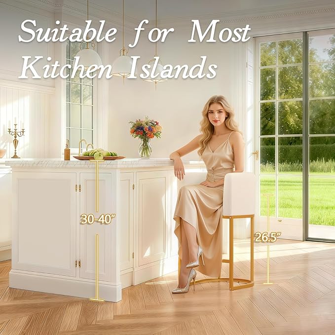 Modern Counter Height Bar Stools,Bar Stools Set of 2,Fabric Upholstered Barrel Barstools with Backs,26'' Kitchen Island Chairs,Metal Gold Frames,Off White Linen