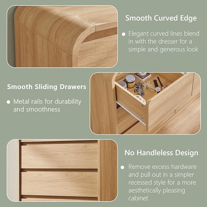Aitjunz Modern 8 Drawers Dresser for Bedroom, 55" Wide Dressers & Chest of Drawers w/Curved Profile Design, Wood Mid Century Storage Dressers Organizer for Bedroom, Living Room, Natural Oak