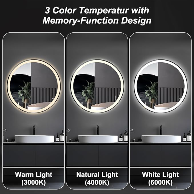 NEWBULIG 36 Inch Round LED Bathroom Wall Mirror with Lights, Light up Vanity Bathroom Mirror for Over Sink, Anti-Fog and Dimmable, Front Light and Backlit, Memory Function, Shatter-Proof, White