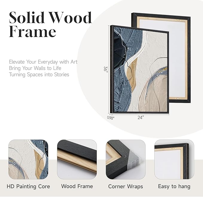 Large Framed Abstract Wall Art for Living Room, Set of 3 Modern Canvas Artwork for Wall, Blue Gray Minimalist Prints Paintings for Bedroom Hallway Office Wall Decor, 24 x 36 Inch