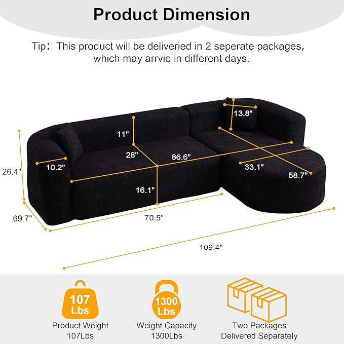 109.4" Sectional Couch with L-Shaped Chaise, Boneless Modular Sectional Sofa, Soft Chenille Sofa with Deep Seat for Living Room, No Assembly (Right-Facing Chaise, Black) | Breaathable Material