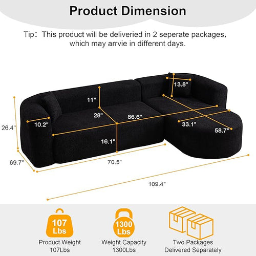 109.4" Sectional Couch with L-Shaped Chaise, Boneless Modular Sectional Sofa, Soft Chenille Sofa with Deep Seat for Living Room, No Assembly (Right-Facing Chaise, Black) | Breaathable Material