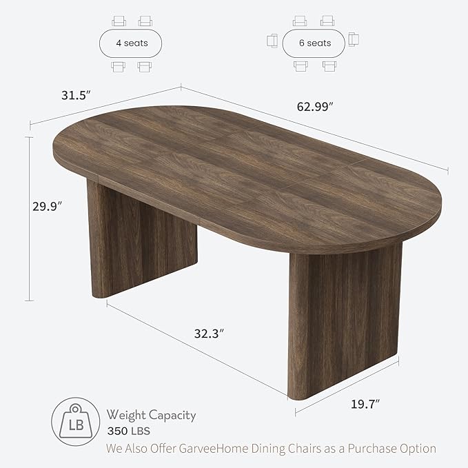 GarveeHome Oval Dining Table for 6-8 People, Long Large Kitchen Table with Thick Sturdy Wooden Base, Farmhouse Dining Room Table for for Kitchen, Living Room, Office (63" Long,Brown)