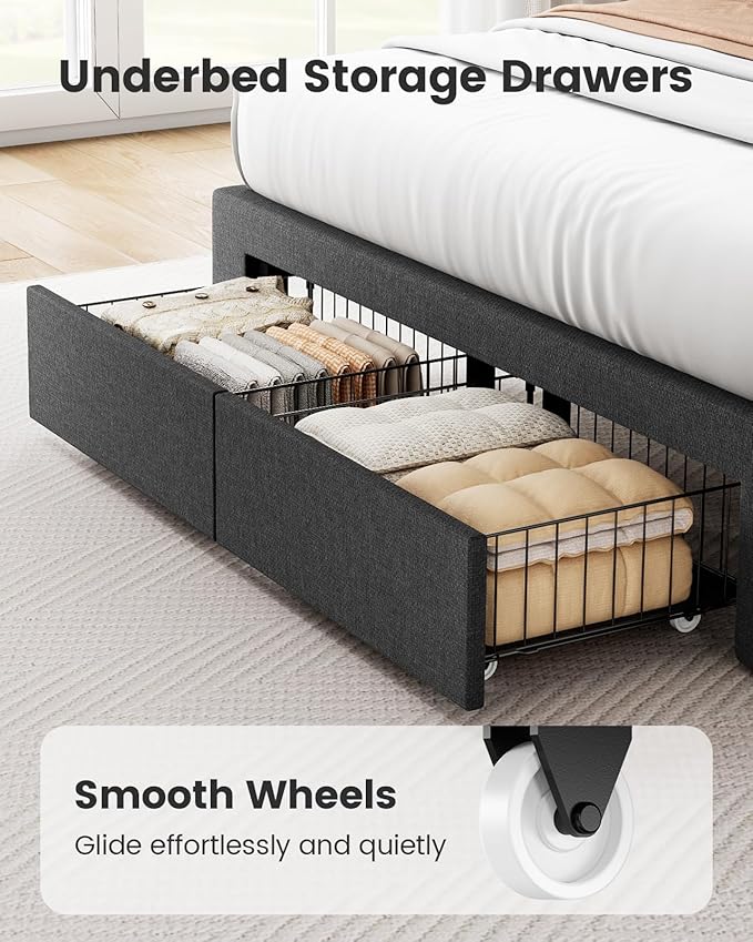 Pipishell Queen Bed Frame with 2 Storage Drawers, 12 Sturdy Legs, Solid Wooden Bed Base with Upholstered Headboard for 6″ to 12″ Mattresses, 1300 lbs High Weight Capacity, Easy Assembly, Dark Gray