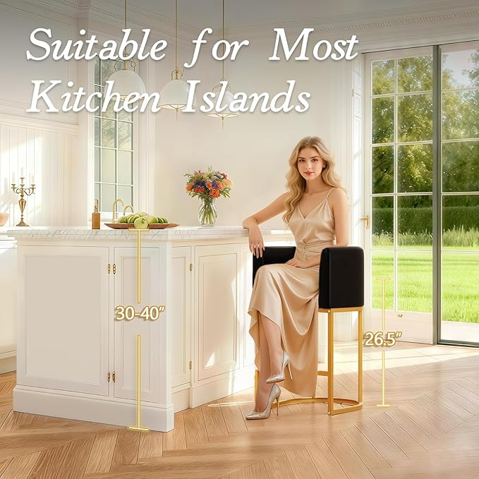 Modern Counter Height Bar Stools,Bar Stools Set of 4,PU Leather Upholstered Barrel Barstools with Backs,26'' Kitchen Island Chairs,Metal Gold Frames,Black Leather