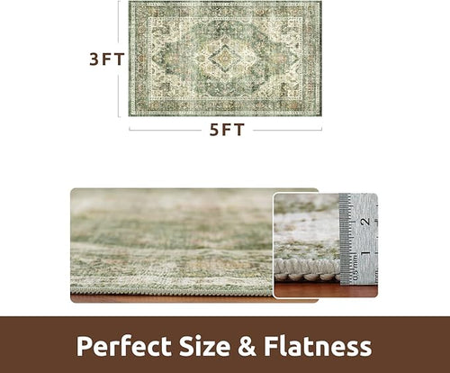 AMOAMI-3X5 Area Rug-Soft Washable Vintage Throw Accent Rugs for Living Room, Entryway, Bedroom, Kitchen, Bathroom, Laundry Room, Kitchen, Bathroom, Bedside, No Slip Green