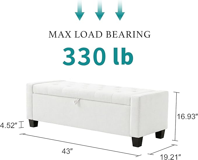 Huatean Home 43" Ottoman with Storage, White Storage Ottoman Bench with Safety Hinge, Upholstered Entryway Bench with Seating for Bedroom, Living Room, Holds up to 330 lb