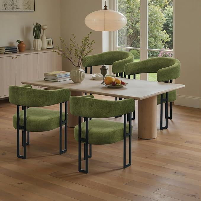 SIMTONAL Mid-Century Modern Dining Chairs Set of 4, Armrest Barrel Dining Chairs Side Accent Chairs with Curved Back, Upholstered Armchairs for Kitchen, Soft Teddy Fleece Surface, Green