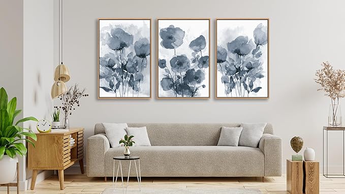 arteWOODS Botanical Framed Wall Art - Abstract Watercolor Style Pictures Grey Blue Floral Wall Decor Minimalist Prints Aesthetic Flowers Painting Artwork 20" x 28" Set of 3 Natural Framed
