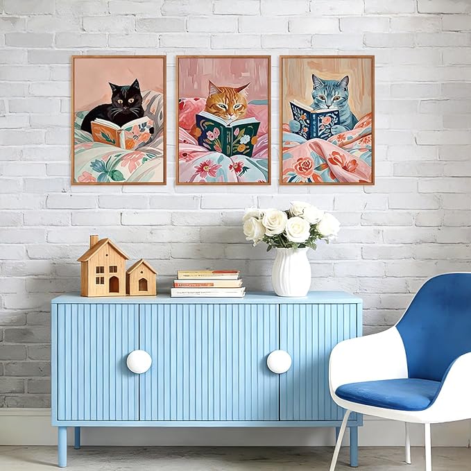 HPNIUB Framed Vintage Black Cats Canvas Wall Art, Funny Animal Reading Books Poster Printing Pictures, Pink Cute Cat Lovers Wall Decor for Girls Room Bedroom Living Room(Set of 3,12X16 Inch)