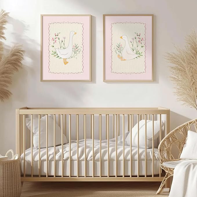 Vintage Nursery Wall Art Silly Goose Canvas Poster Pink Coquette Wall Decor Girls Room Pictures Baby Kids Poster Cute Animal Prints Floral Painting Artwork for Gallery Bedroom 16x24 Inch Unframed
