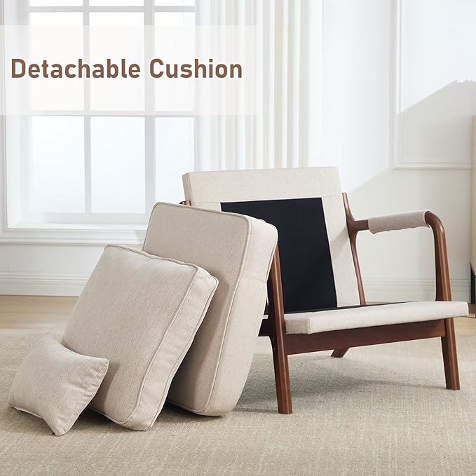 ANJ Mid Century Modern Accent Chair, Lounge Reading Armchair with Extra Side Pocket & Detachable Cushion, Comfy Fabric Accent Chairs for Living Room, Bedroom,Beige