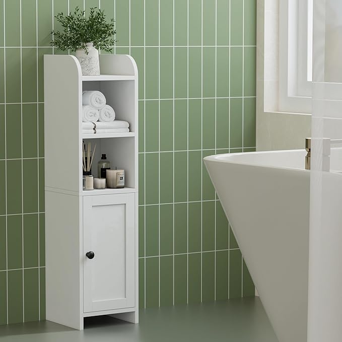 Homhedy Small Bathroom Storage Corner Floor Cabinet with Door and Shelves, Beside The Toilet Paper Stand for Skinny, Narrow Toilet Paper Cabinet, 9.8" D x 7.9" W x 31" H, White