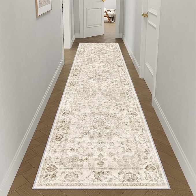3x14 Washable Neutral Runner Rug Beige Vintage Hallway Kitchen Carpet Non-Slip Soft Low Pile Farmhouse Throw Rug for Bedroom Bathroom Laundry Living Room