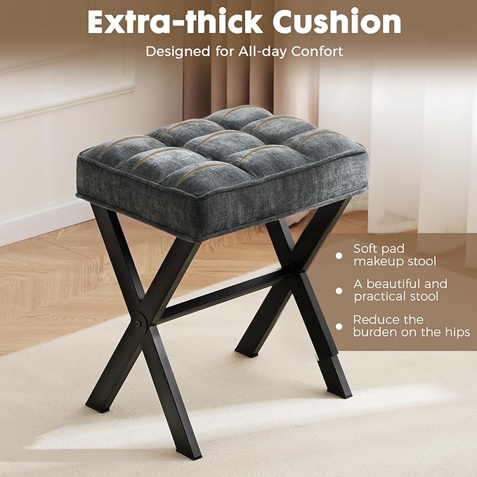 Modern Square Foot Stool Ottoman, Upholstered Vanity Chair with Metal X-Legs & Soft Linen Fabric - Versatile Seat and Footrest for Makeup, Living Room, Bedroom & Entryway(X-Gray)
