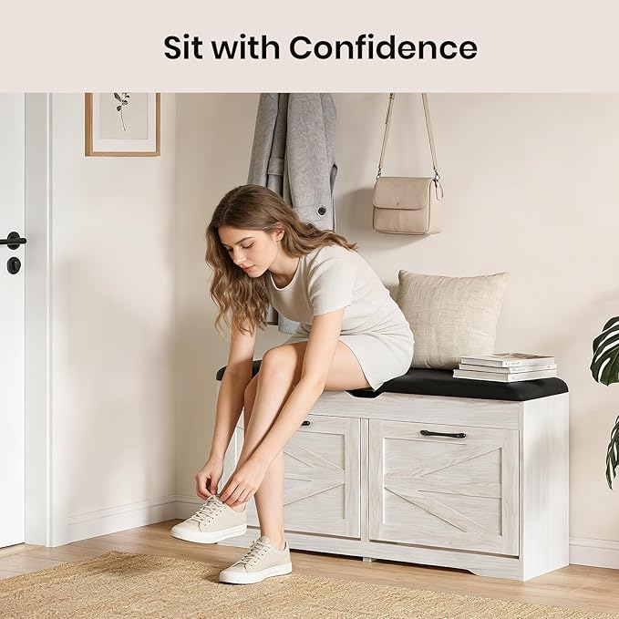 Shoe Storage Bench Cushion, Entryway Bench with Storage, End of Bed Shoe Benches, Small Shoe Rack Benches, Entry Way Shoes Cabinet for Entryway, Bedroom, Living Room, Farmhouse, White