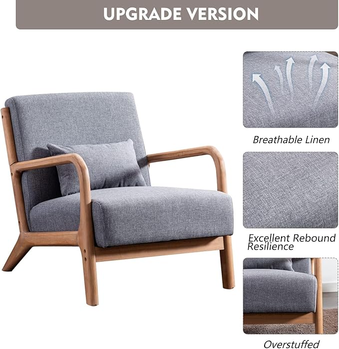 ANJ Mid Century Modern Accent Chairs Set of 2, Comfy Fabric Reading Chair with Solid Wood Frame, Easy Assembly Armchair for Living Room,Grey